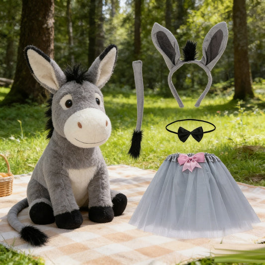 4-Piece Donkey Costume, Gray Donkey Outfit With Ears Headband, Tail, Bow, And Skirt, Cute Animal Costume For Cosplay,