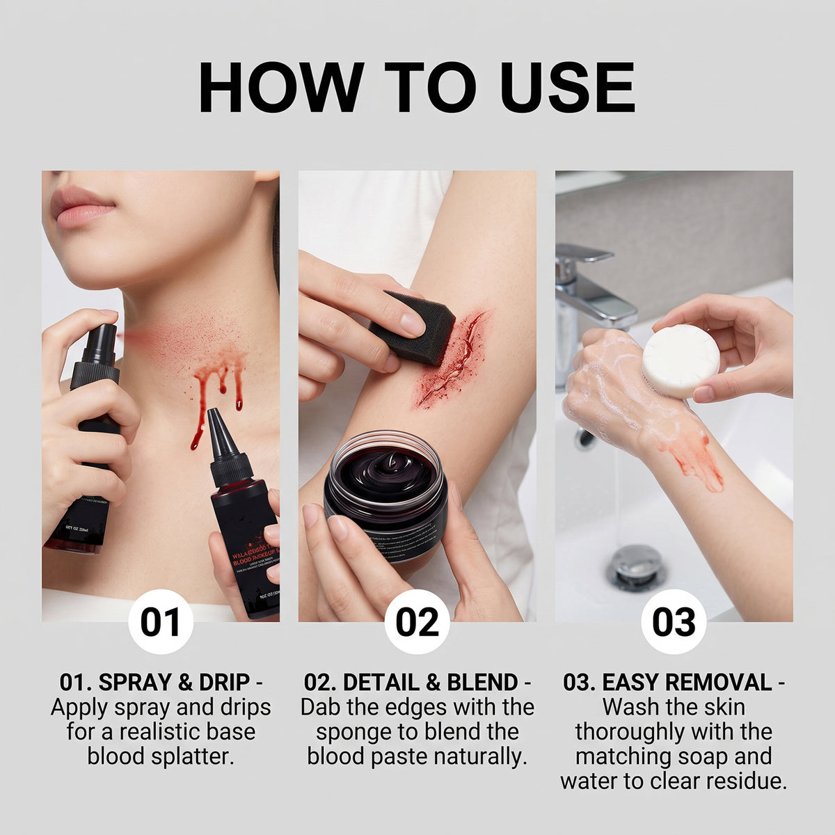 Halloween Fake Blood Makeup Set, Realistic Wound Effects, Cosplay Stage Party Costume Prop — back view