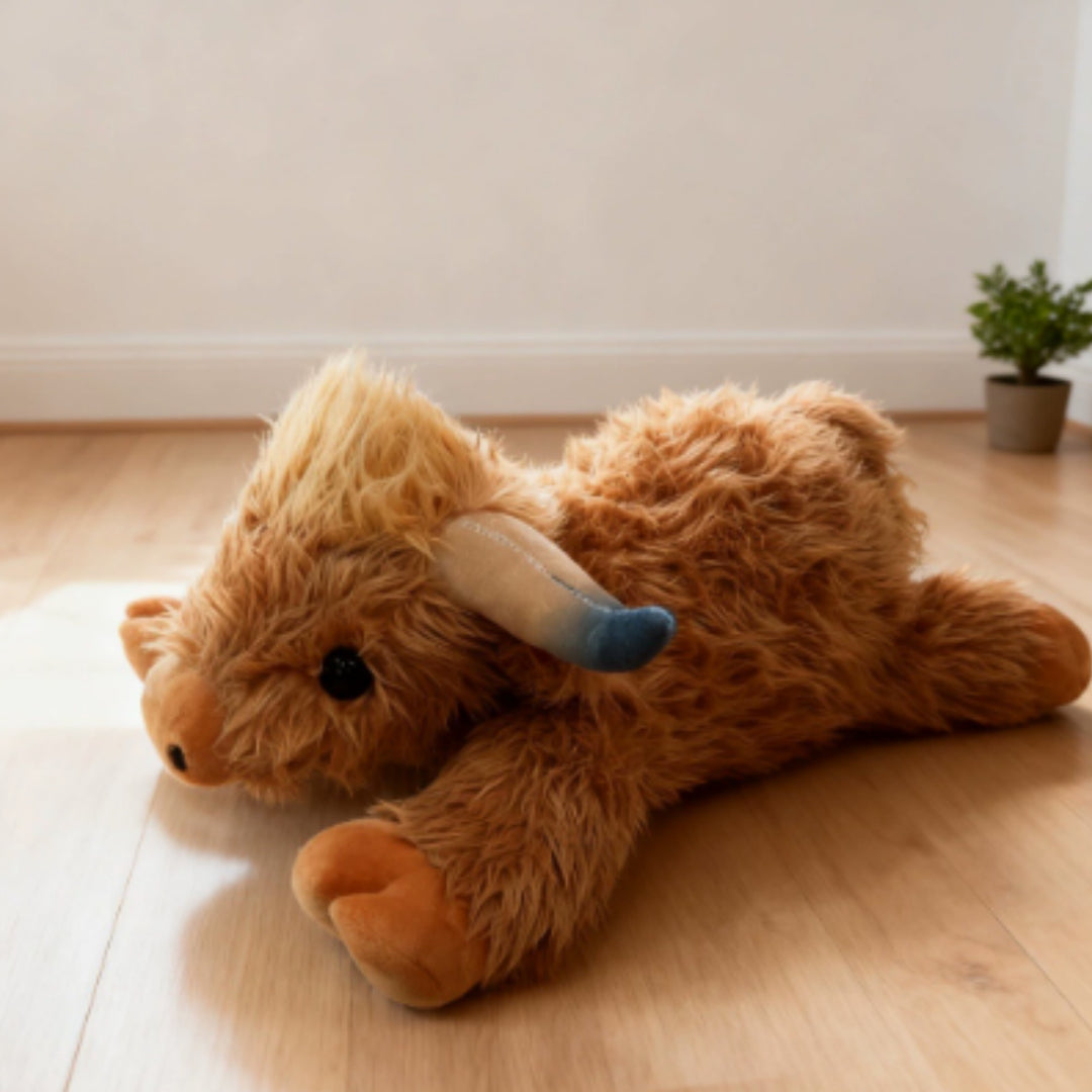 Long-Haired Highland Cow Lifelike Scottish Highland Cattle Plush Toy Doll — scale reference