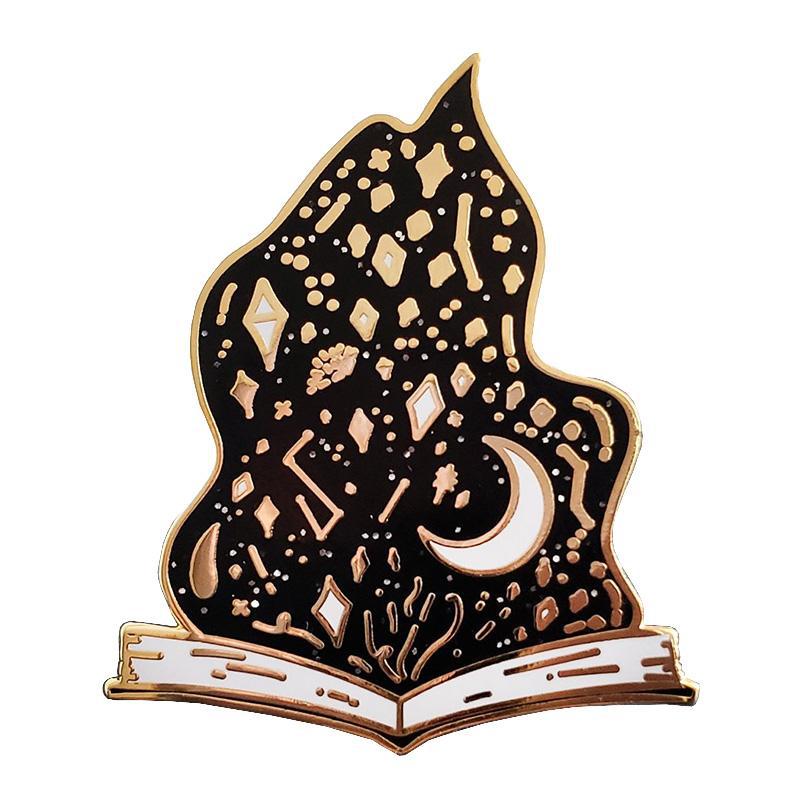 Magic book enamel pin magic witchcraft badge black flame brooch — back view