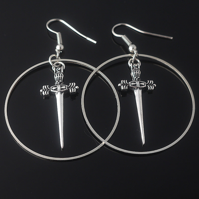 Silver Sword Earrings Dark Witch Pendant Gothic Antique Sword Earrings Ladies — detail