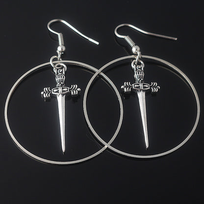 Silver Sword Earrings Dark Witch Pendant Gothic Antique Sword Earrings Ladies — detail