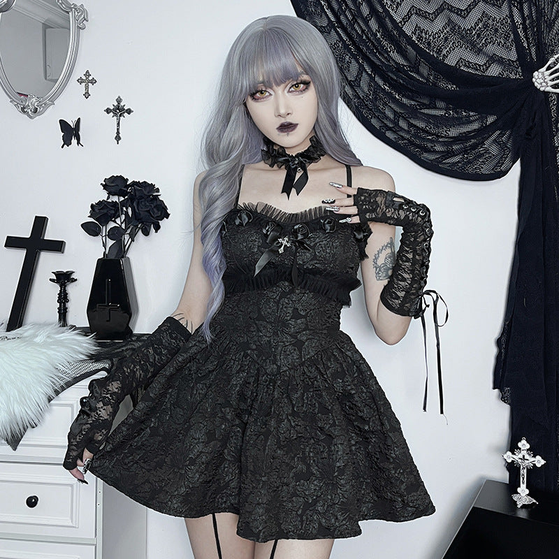 Dark Goth Rose Lace Sling Dress — detail