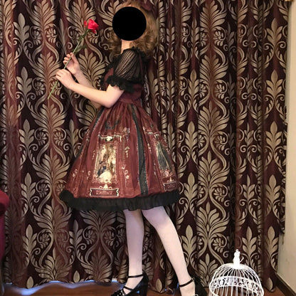 Gothic Lolita Dress Woman Vintage Kawaii Chiffon Palace Princess Party Wear Lantern Sleeve Printed Cute Cosplay — detail