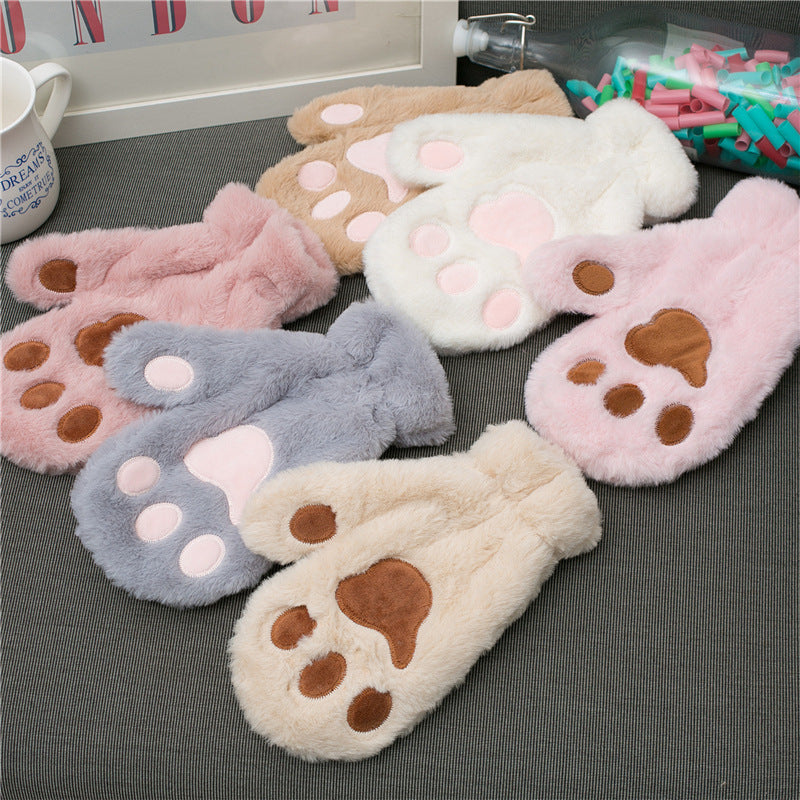 Cat's Paw Cute Plush Thickened Winter Women's Gloves — detail