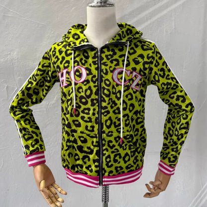 Yellow Leopard-Print Hoodie With Devil Horns For Women — side view