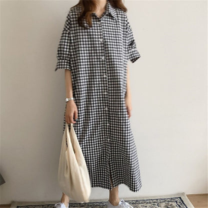 Harajuku Style Cotton Linen Dress Plaid — back view