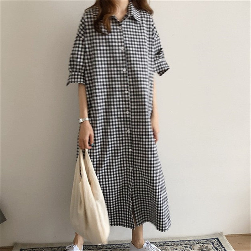 Harajuku Style Cotton Linen Dress Plaid — back view