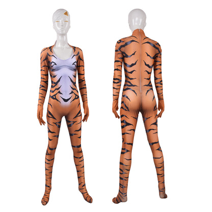 Halloween Girls Red Black Cat Cosplay Tiger Print Bodysuit — scale reference