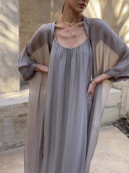 Spaghetti Strap Maxi Dress & Batwing Sleeve Long Kimono Two-Piece Set — detail