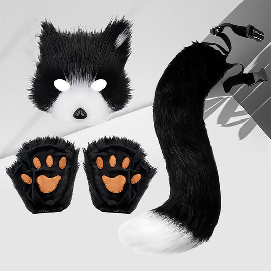 Cute Fox Mask Plush Cat's Paw Gloves Beast Tail Three-piece Set