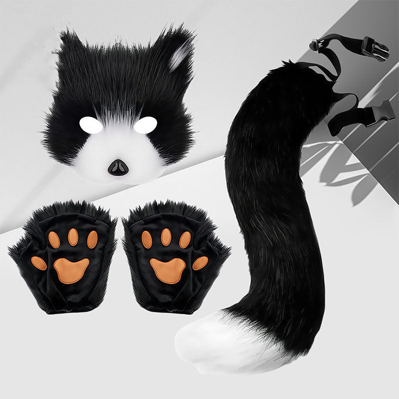 Neko Cosplay Accessory 3-Piece — Cat Ears & Tail Set, Plush Paw Gloves & Fox Mask Beast Set — side view