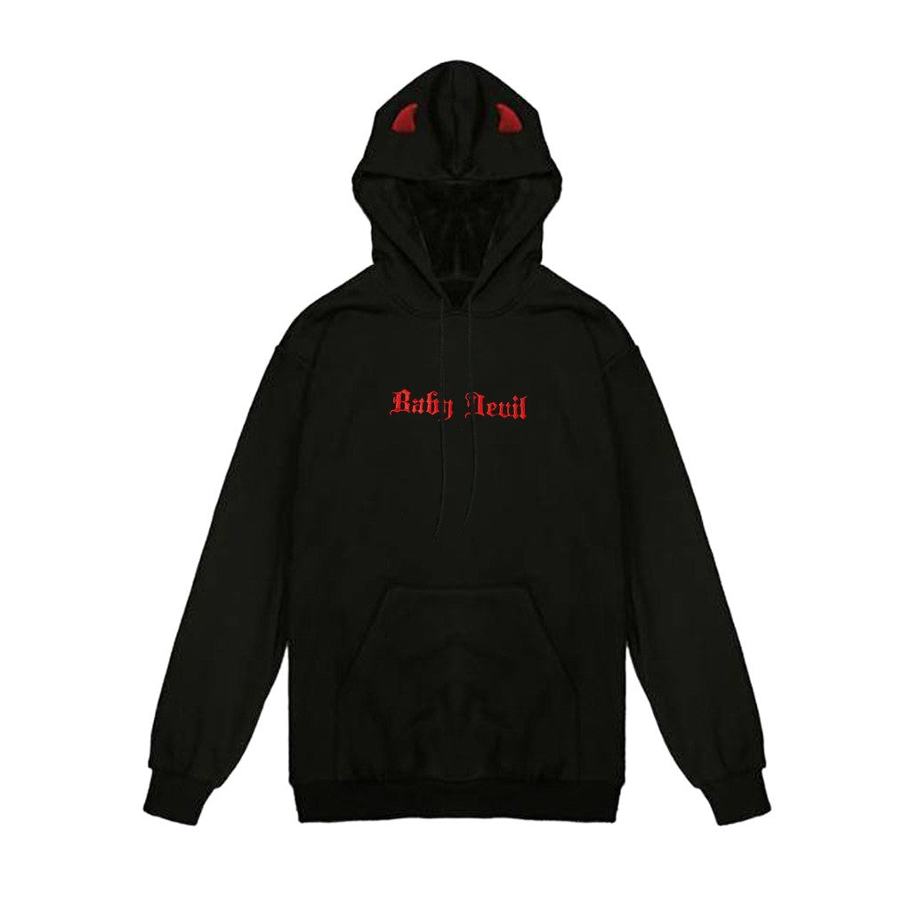 Diablo Three-Dimensional Horns Little Devil Plus Fleece Hooded Sweater — detail
