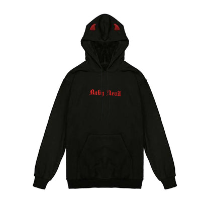 Diablo Three-Dimensional Horns Little Devil Plus Fleece Hooded Sweater — detail