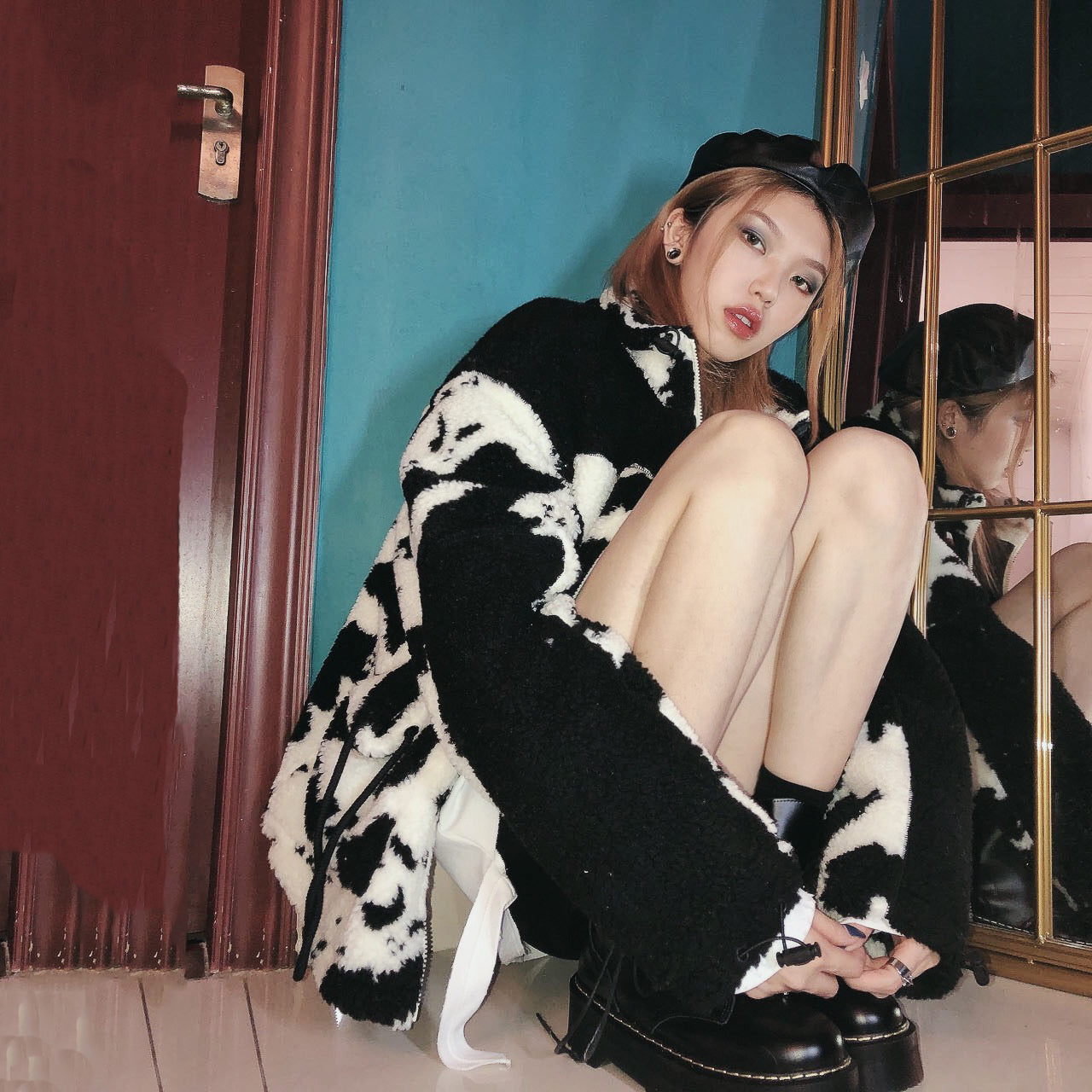Cow pattern road plush padded cotton clothing — back view
