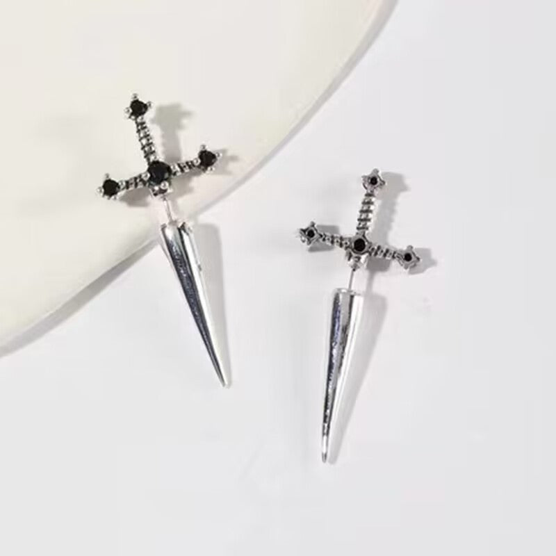New Gothic Sword Vintage Bright Crystal Dagger Earrings — side view