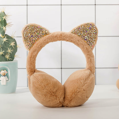 Warm Sequined Cat Ears Plush Earmuffs — in use