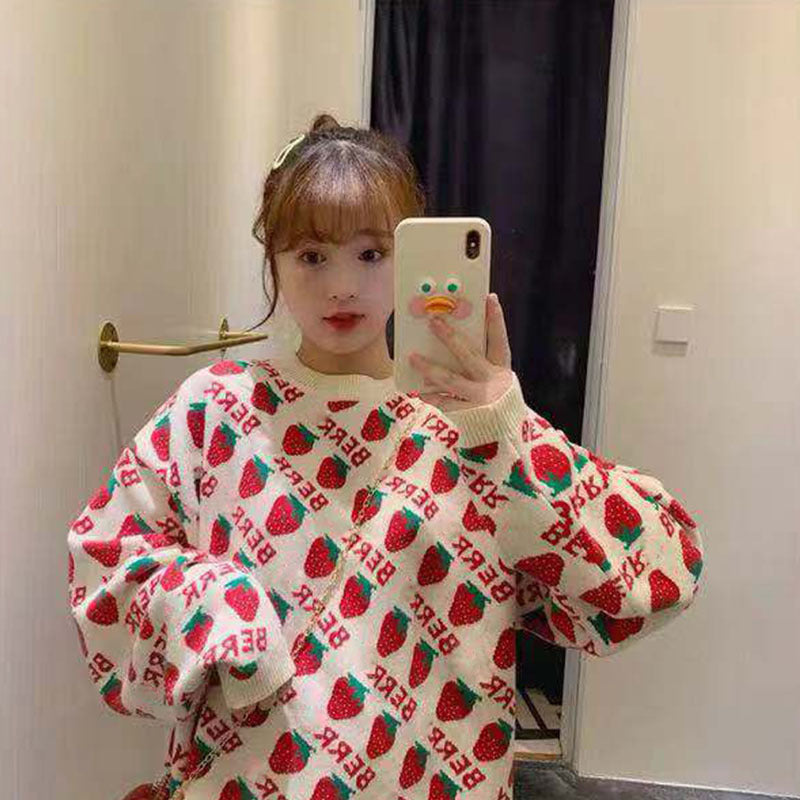 Sweet Strawberry Winter Women's Ins Harajuku Letter Long Sleeve tops Knit Sweater New Fashion Loose ins Casual — side view