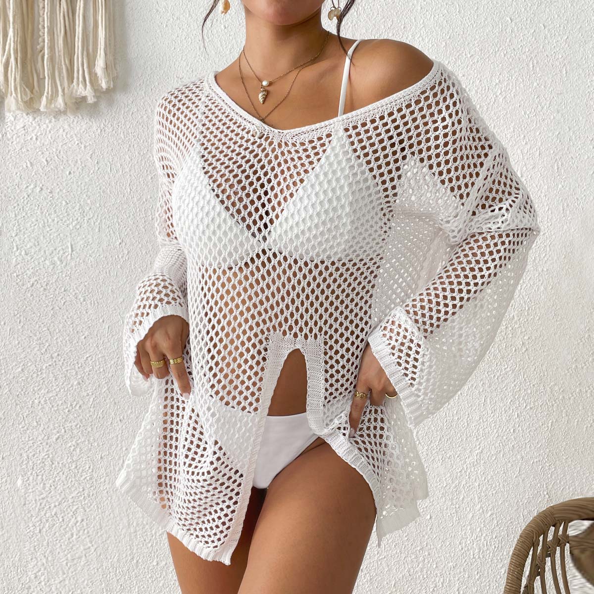 New Irregular V Neck Cover Up, Hollow Out Side Slit Bikini Beach Dress, Hot Selling European American Vacation — in use