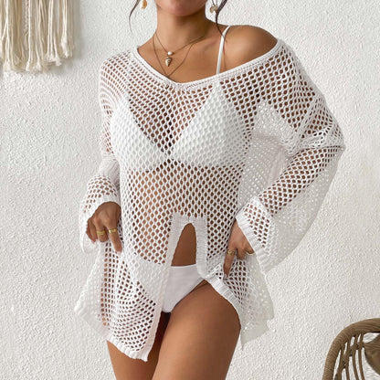 New Irregular V Neck Cover Up, Hollow Out Side Slit Bikini Beach Dress, Hot Selling European American Vacation — in use
