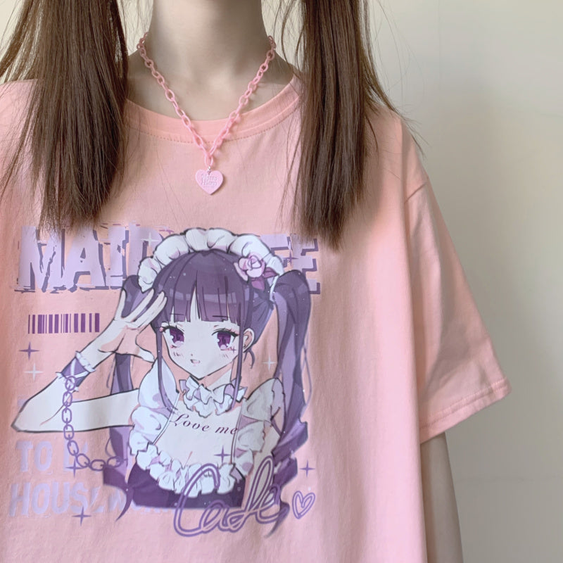 Anime Print White Short Sleeve T-Shirt Women — back view