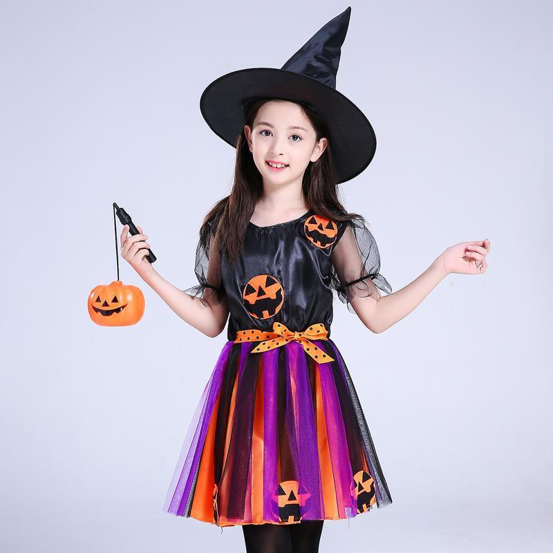 Kids Halloween Witch 3-Piece — Child Witch Costume, Witch Skirt with Hat & Magic Wand and Devil Horn Headband — back view