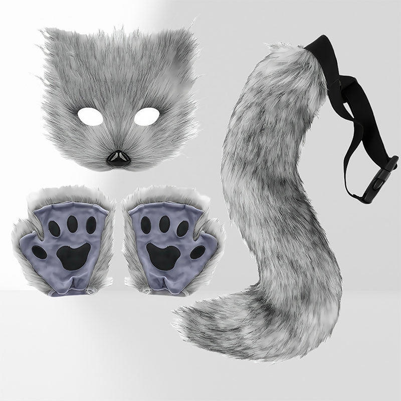 Cute Fox Mask Plush Cat's Paw Gloves Beast Tail Three-piece Set — back view