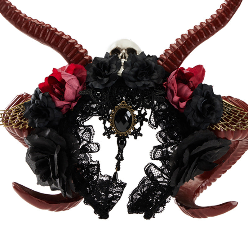 Gothic Dark Devil Horn Skull Halloween Red Antelope Horn Headband — detail