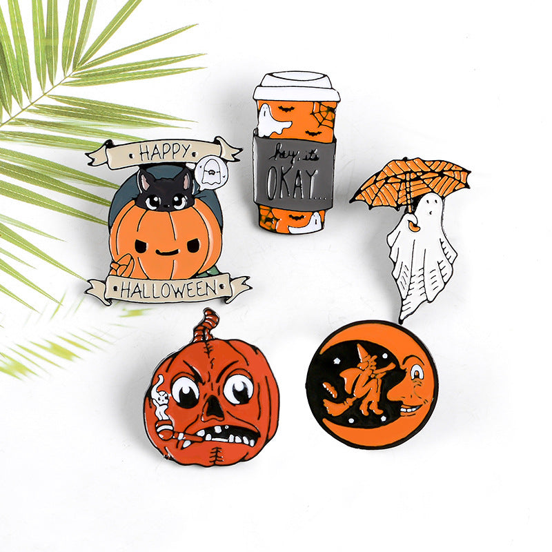 Happy Halloween Enamel Pin Custom Coffee Moon Ghost Pumpkin — in use