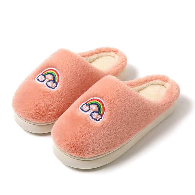 Kawaii Rainbow Embroidered Slippers Warm Slip On Plush Shoes Couple Indoor Home Slippers Winter — back view