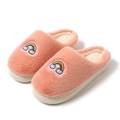Kawaii Rainbow Embroidered Slippers Warm Slip On Plush Shoes Couple Indoor Home Slippers Winter — back view