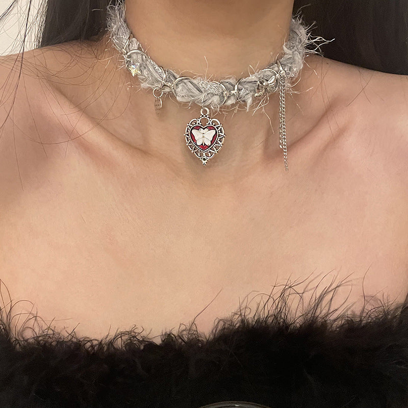 Heart Butterfly Tassel Plush Choker Necklace | Magic Stories