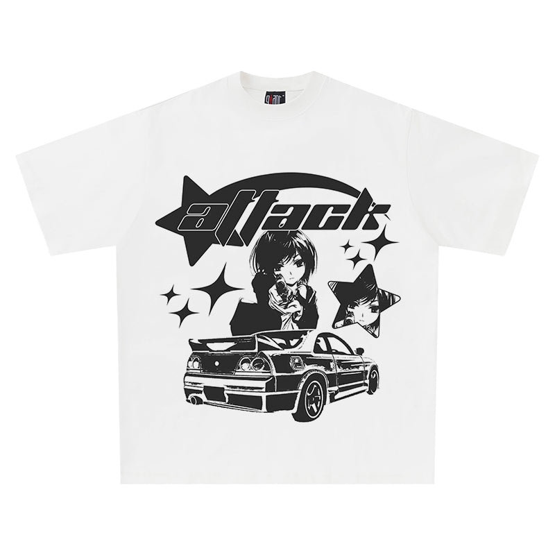 Retro White Short Sleeve T-shirt Loose Pattern Fashion Brand Harajuku Anime Half Sleeve Top — back view