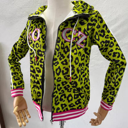 Yellow Leopard-Print Hoodie With Devil Horns For Women — detail