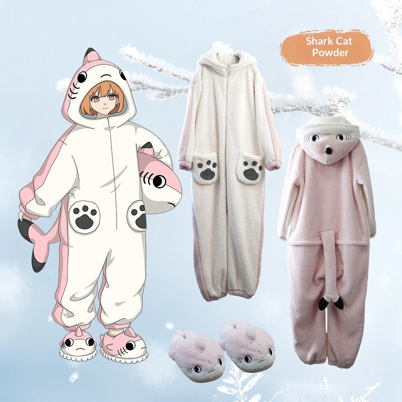 Anime Cartoon Funny Shark And Cat Onesie Pajamas Cute Cozy Loungewear Set — detail