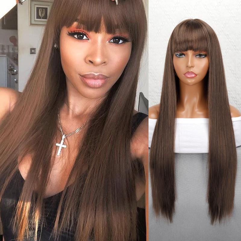 Black Long Straight Wig - Air Bangs, Medium-Long Hair — scale reference