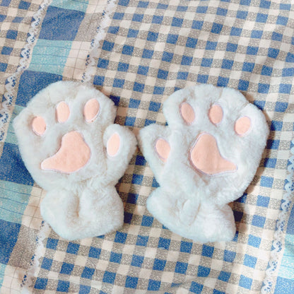 Cute Cat Claw Plush Gloves Female Winter Fleece-lined Warm Half Finger — in use