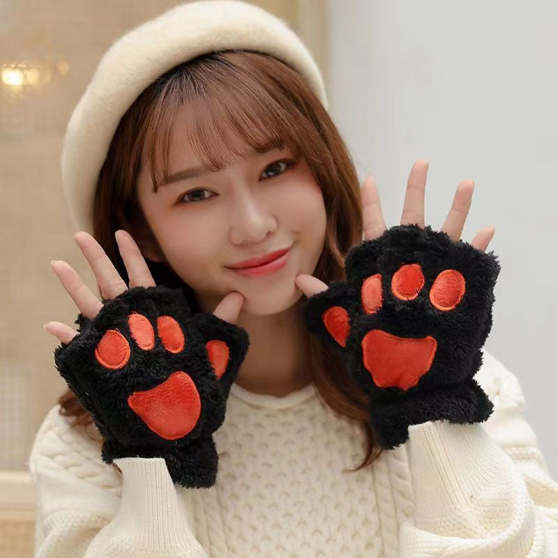Autumn And Winter Student Plush Cat's Paw Half Finger Gloves For Men And Women — scale reference