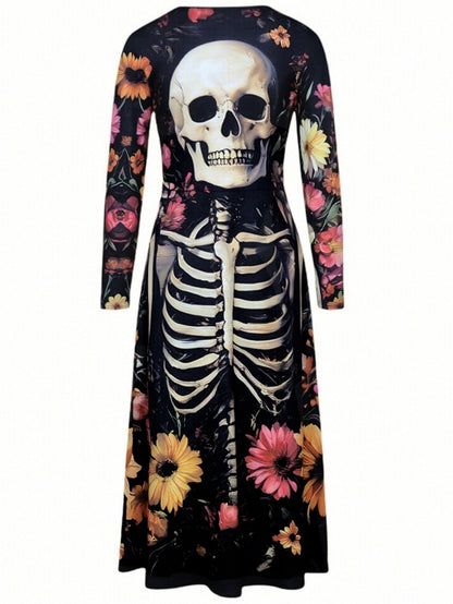 Halloween Skull Print Witch Wizard Costume Dress - Women's Gothic Fantasy Party Outfit for Cosplay — side view