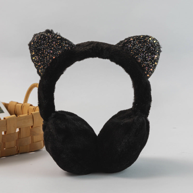 Warm Sequined Cat Ears Plush Earmuffs — scale reference
