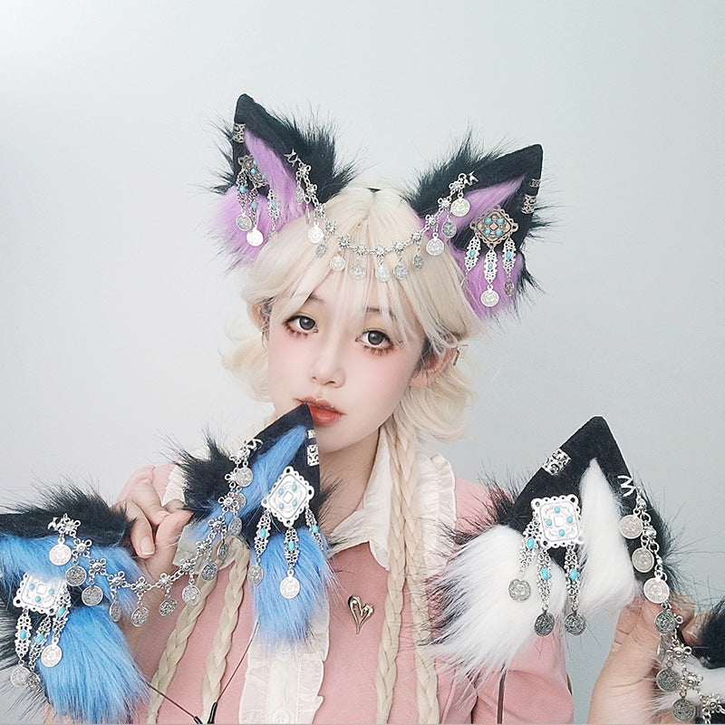 Tibetan Hair Accessories Exotic Wolf Ear Animal Ears Headband Bohemian Travel Photo Shooting Props — detail