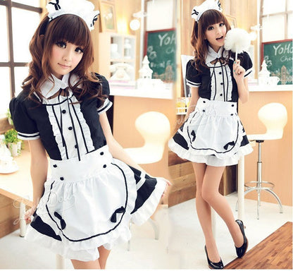 Maid Café Cosplay 3-Piece — Anime Maid Costume, Long Braided Lolita Wig & JK Headdress Set