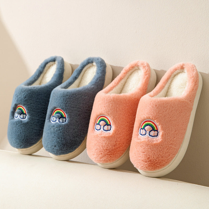 Kawaii Rainbow Embroidered Slippers Warm Slip On Plush Shoes Couple Indoor Home Slippers Winter — back view