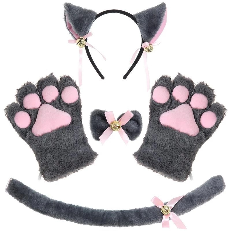 Neko Cosplay Accessory 3-Piece — Cat Ears & Tail Set, Plush Paw Gloves & Fox Mask Beast Set