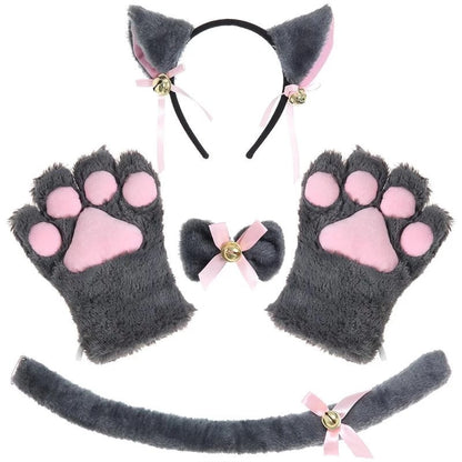 Neko Cosplay Accessory 3-Piece — Cat Ears & Tail Set, Plush Paw Gloves & Fox Mask Beast Set