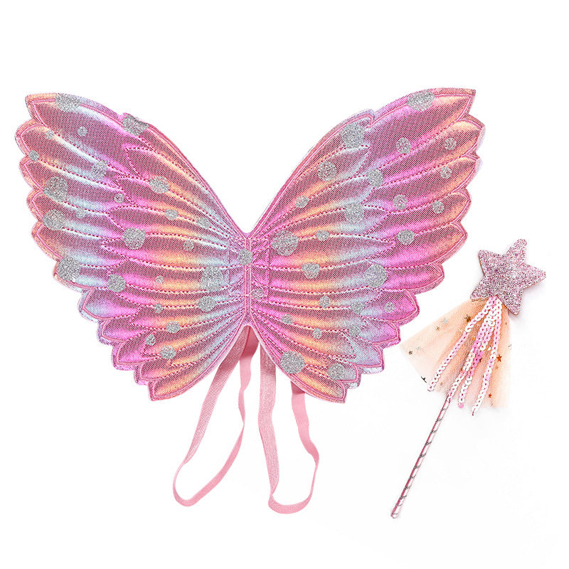 Kids Wings Wands Butterfly Rainbow Wings For Girls Princess Fairy Wings Children Halloween Cosplay Costume — back view
