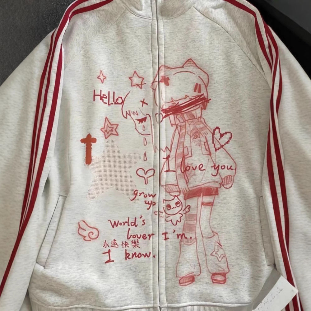 Striped Anime-Print Zip-Up Hoodie With Long Sleeves And A Hood — scale reference