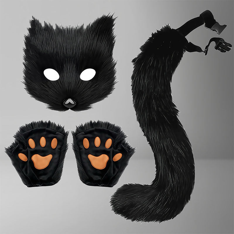 Cute Fox Mask Plush Cat's Paw Gloves Beast Tail Three-piece Set — scale reference