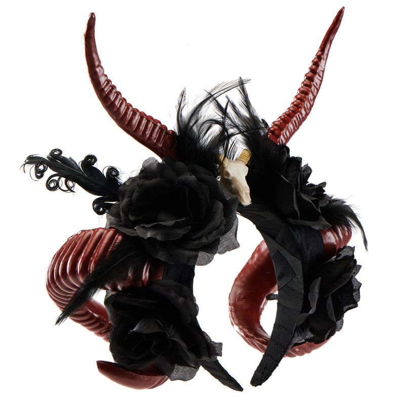 Gothic Dark Devil Horn Skull Halloween Red Antelope Horn Headband — side view