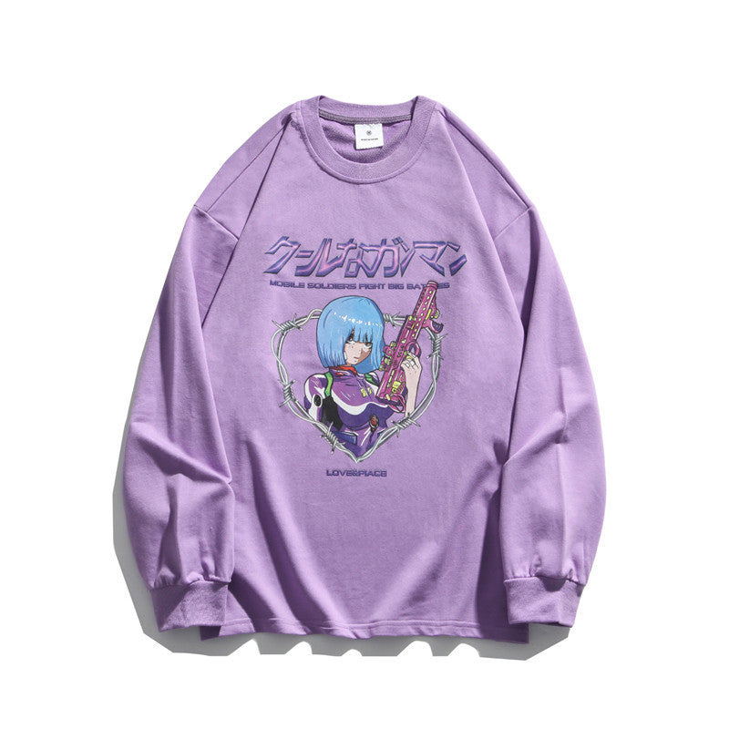 Anime Print T-shirt Men And Women Couple Long-sleeved Loose Casual Bottoming Top — side view